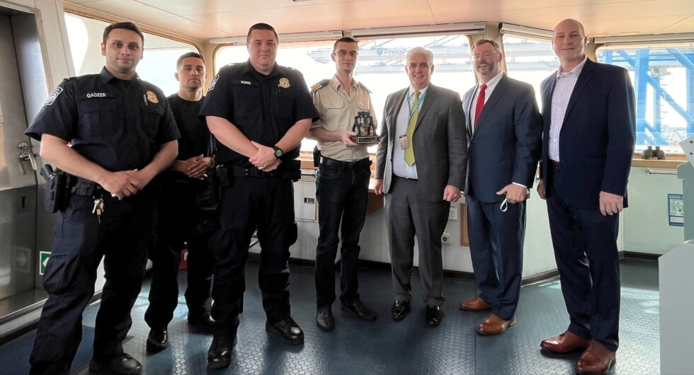 On the Bridge of M/V MSC Cornelia Voy#: 215R – Pictured (L to R) CBP Officer Qadeer, CBP Officer Paz, CBP Inspt Howe, MSC – Capt. Viktor Barladejan, Sean Mahoney – PhilaPort, Joe Fox – PhilaPort and Ryan Mulvey – PhilaPort.